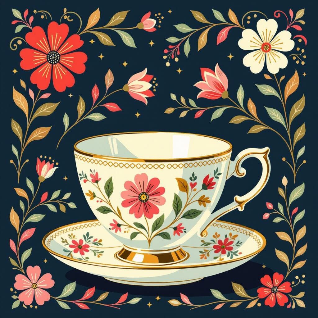 Vintage Teacup with Floral Design in Mid-Century Style