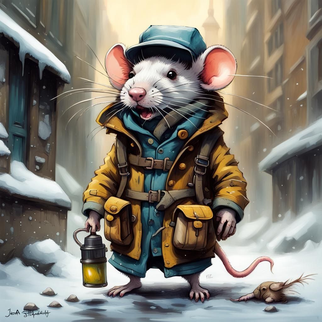 Rat Adventurer in Winter, Graffiti Art Style