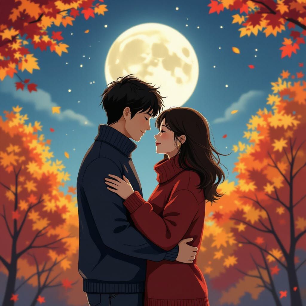 Romantic Embrace in Autumnal Moonlight
