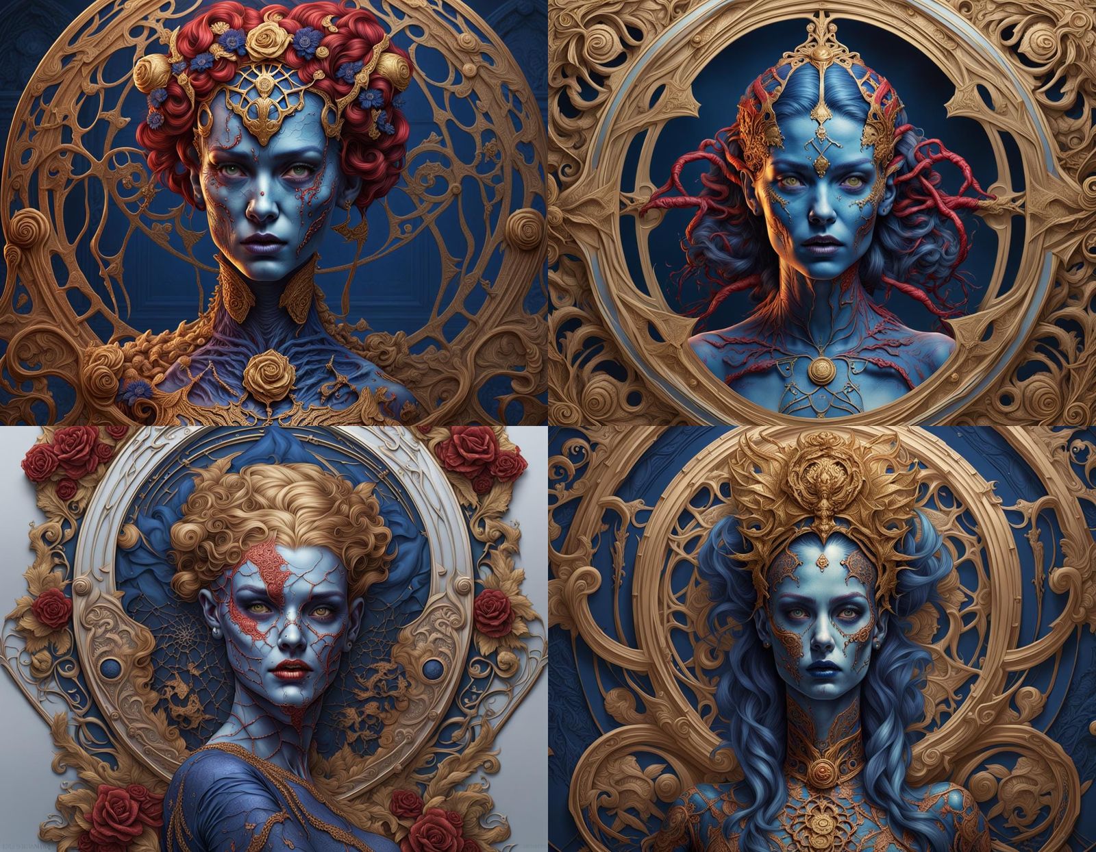 Zombie Girl with Golden Ratio Filigree in Crimson and Indigo