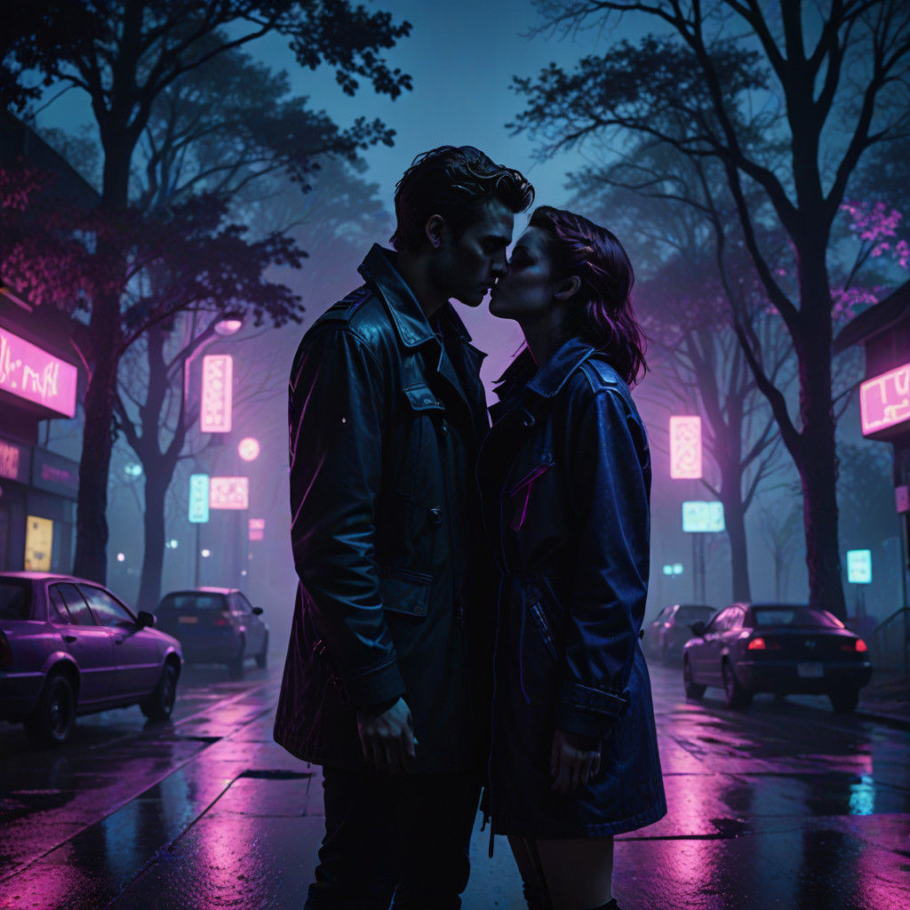 Dreamy Cyberpunk Twilight Romance in Film Noir Style