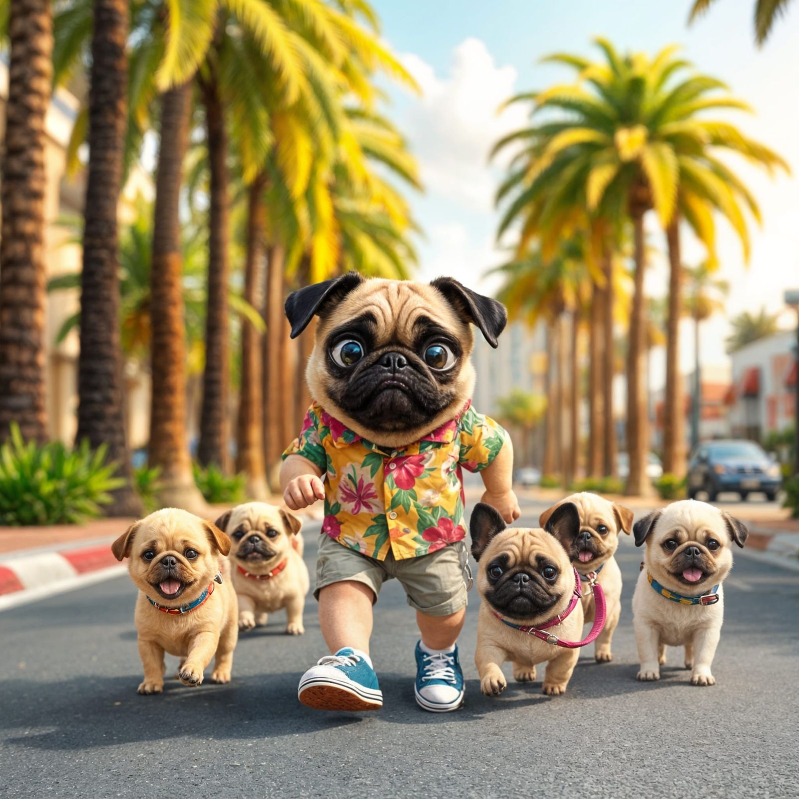Charming Pug Strolls Down Palm Tree Lane in Colorful Hawaiia...