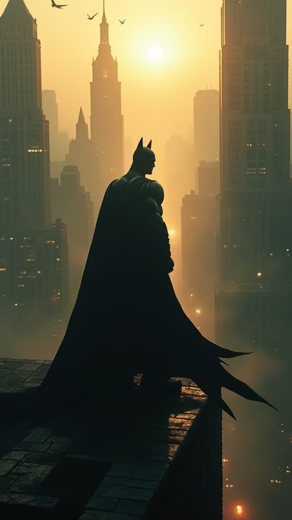 Batman Overlooking Gotham in Hyperrealistic Style