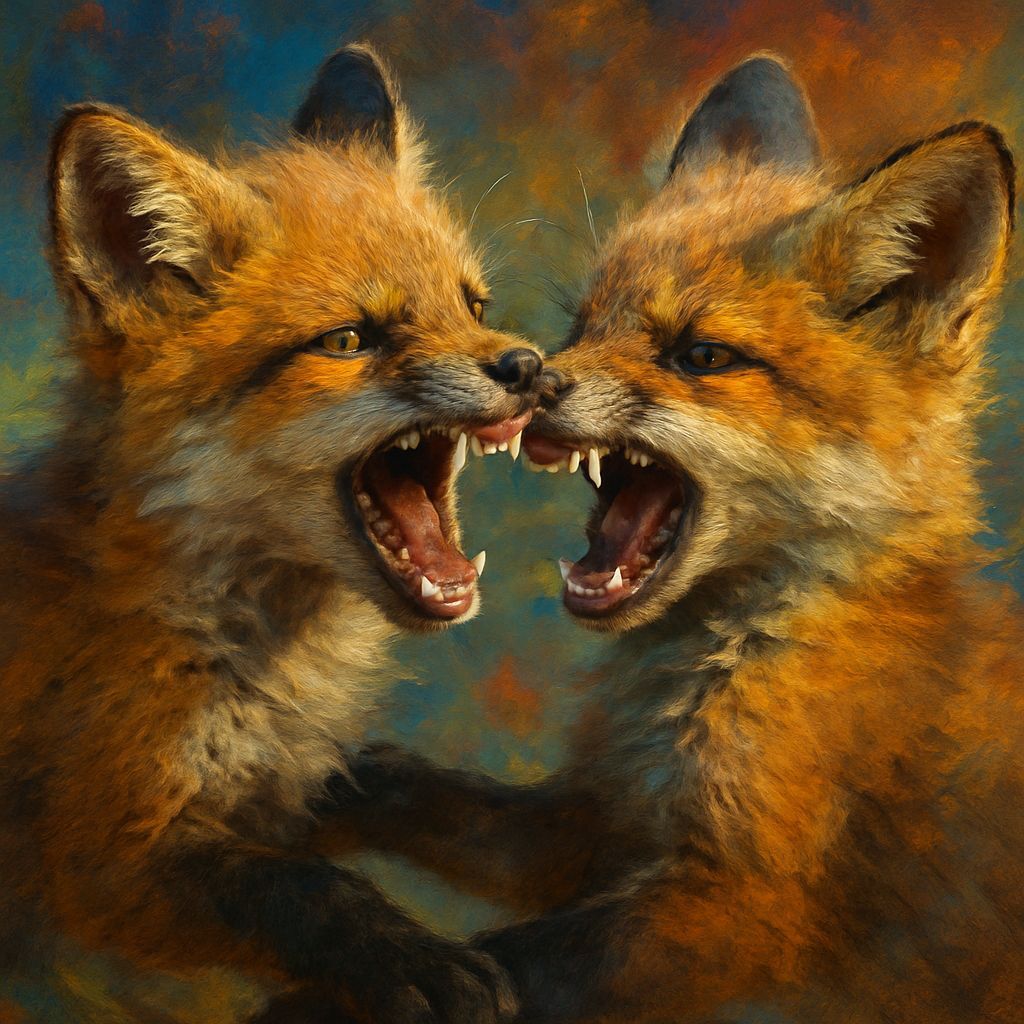 Fox Kits Playfully Scrap in Hyperrealistic Splash Art