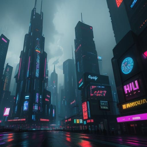 Futuristic Cityscape at Night in Cyberpunk Style
