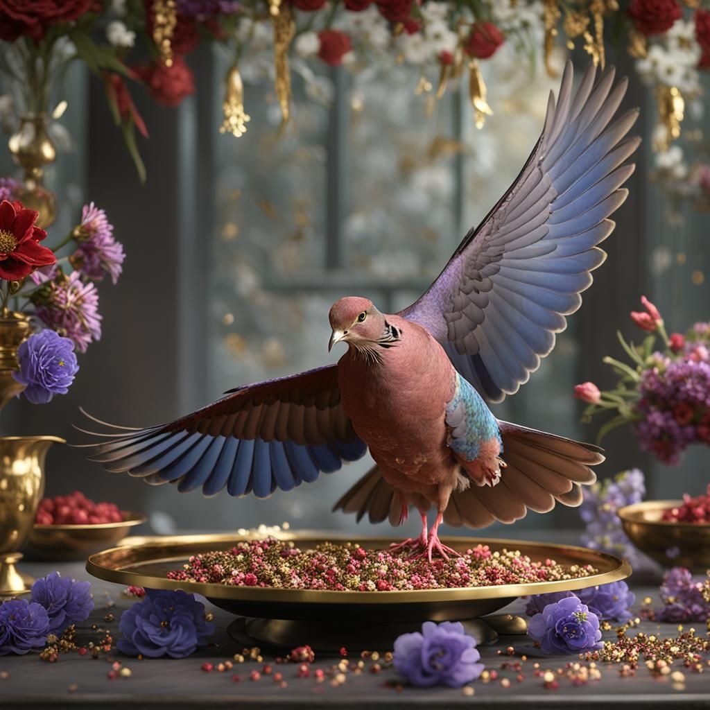 Colorful Dove with Flowers and Gold, Hyper-Realistic