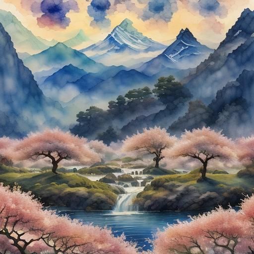 Almond Orchard in Watercolor Style with Bees