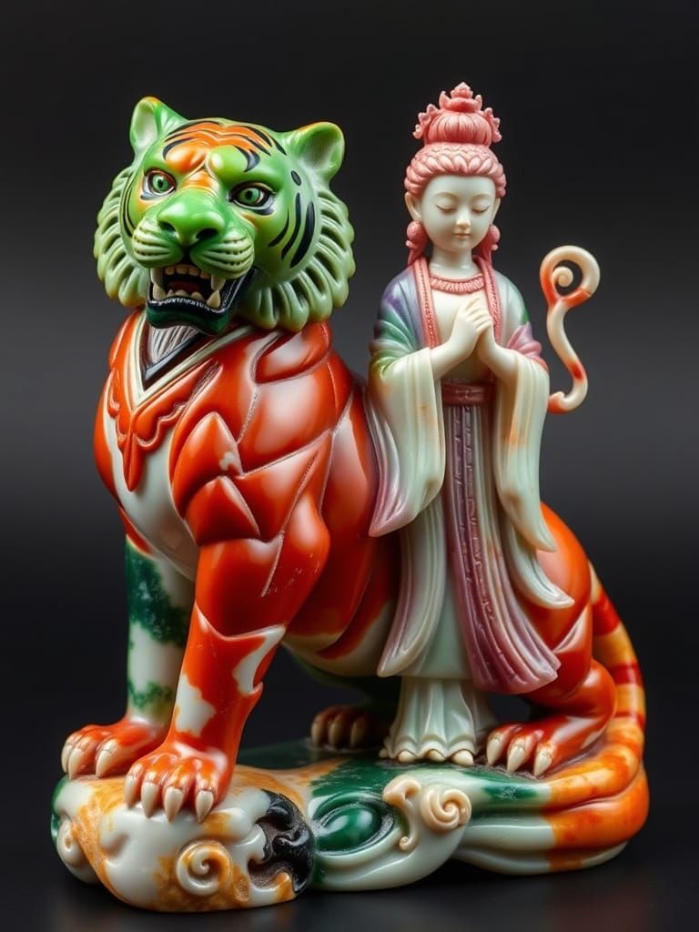 Jadeite Statue: Red Tiger and Young Goddess