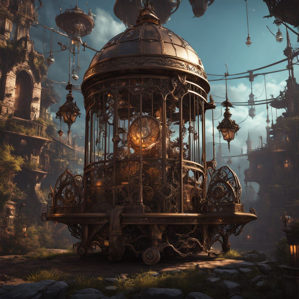 Steampunk Birdcage with Mechanical Songbird