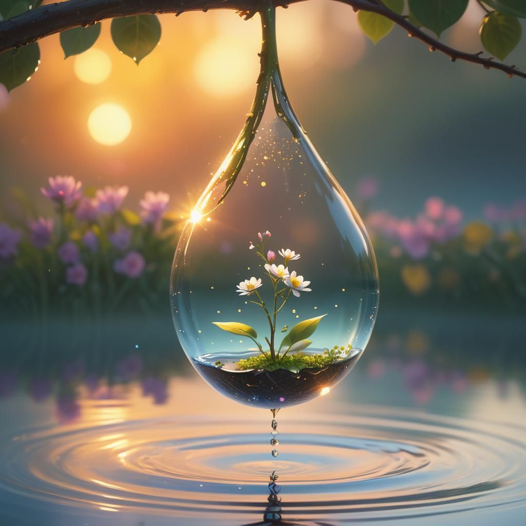 Seedling in Water Droplet with Sunset Light, as Digital Art