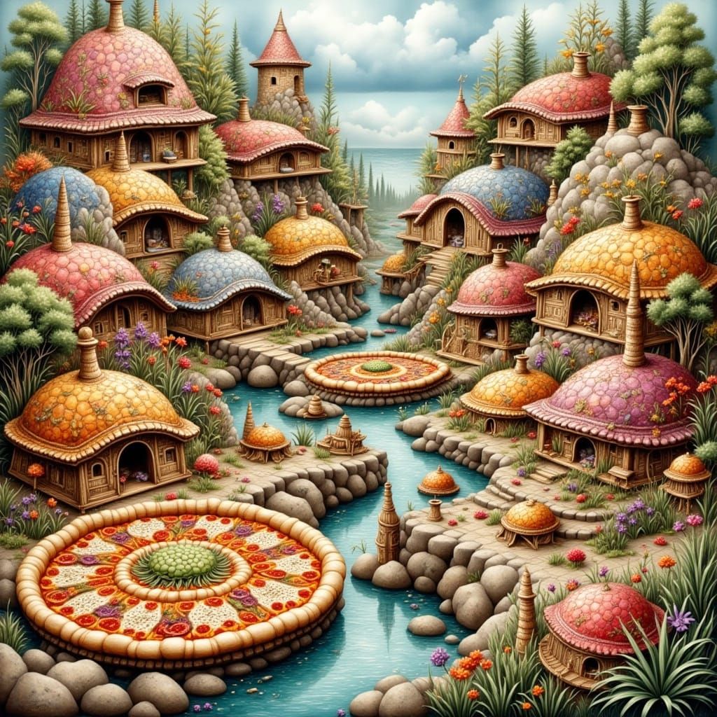 Colorful Pizza Village Inspired by Miyazaki and Mead