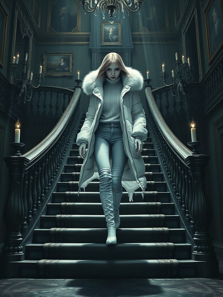 Ethereal Ghost Descends Haunted Mansion Stairs in Realistic,...