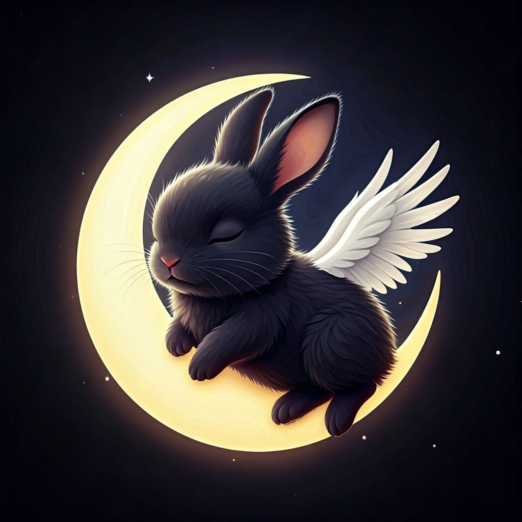 Black Rabbit on Moon in Anime Style
