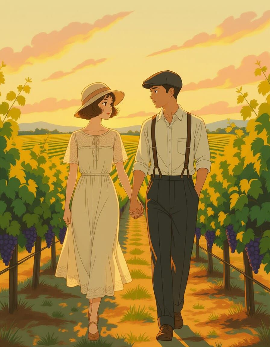 1920s Couple Stroll Through Vineyards: Anime Style