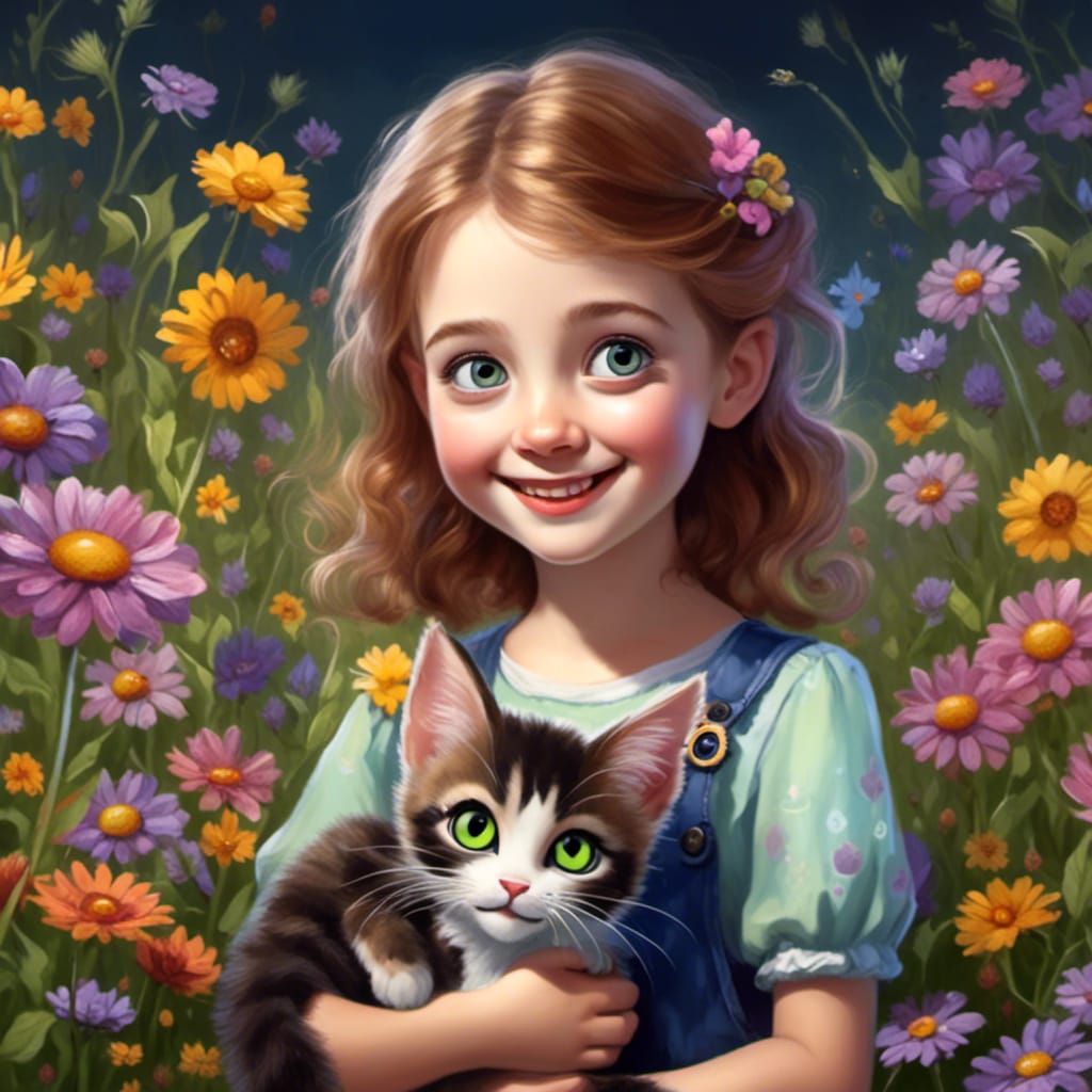 Girl with Cat in Wildflower Meadow Portrait