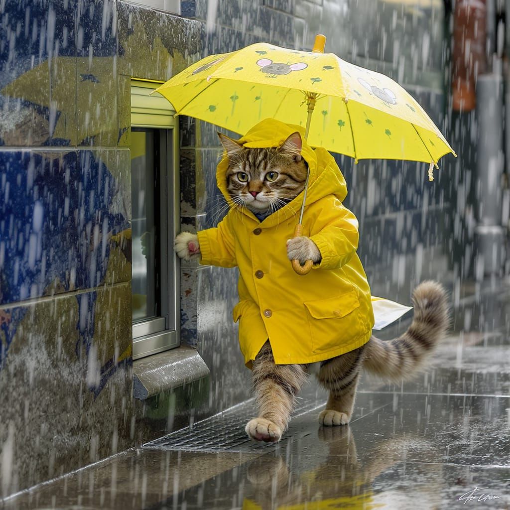 Cat in Raincoat Walking in the Rain