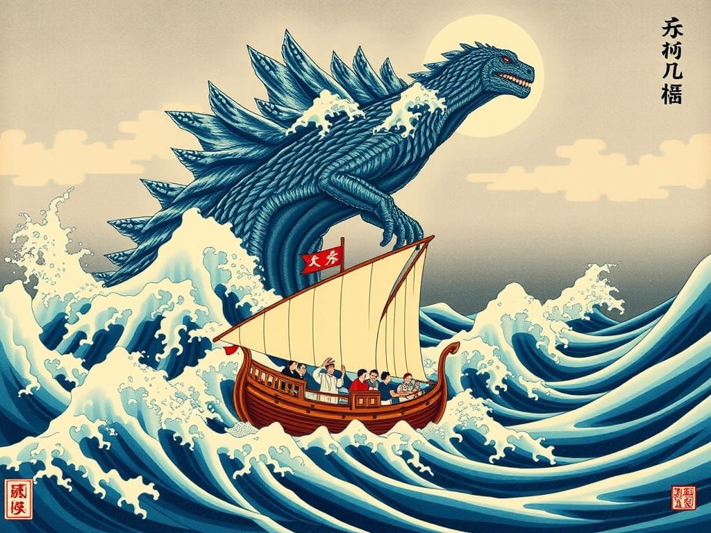 Godzilla Wave in Ukiyo-e Style