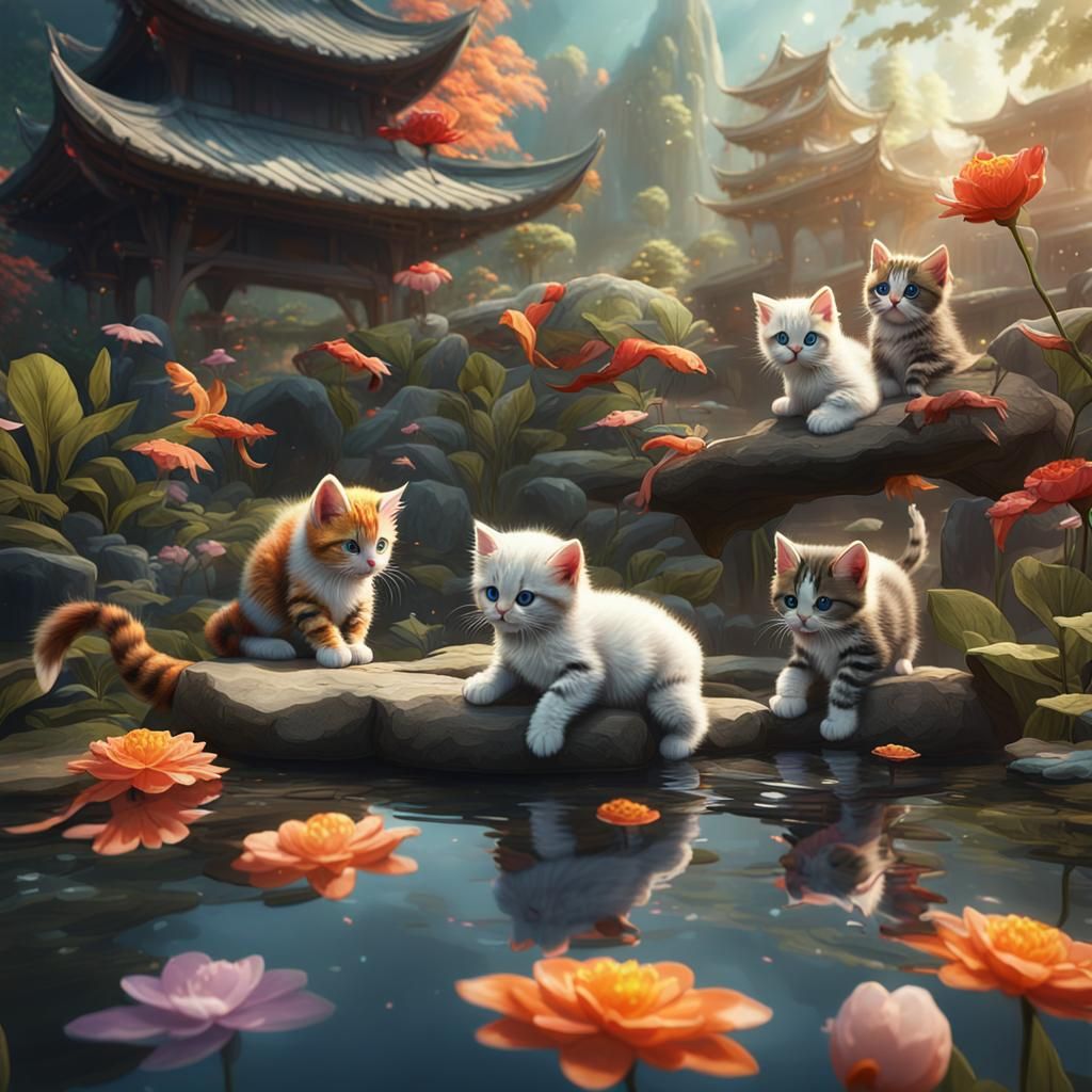 Kittens Play by Koi Pond: Fantasy Concept Art