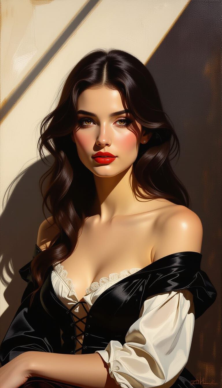 Lady in Dramatic Chiaroscuro Oil Painting