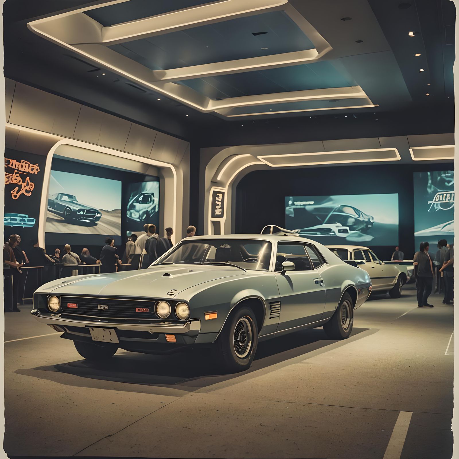 Futuristic Car on Display: Cinematic Film Still