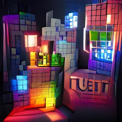 Tetris Cubist Pixel Art in Glowing Neon Style