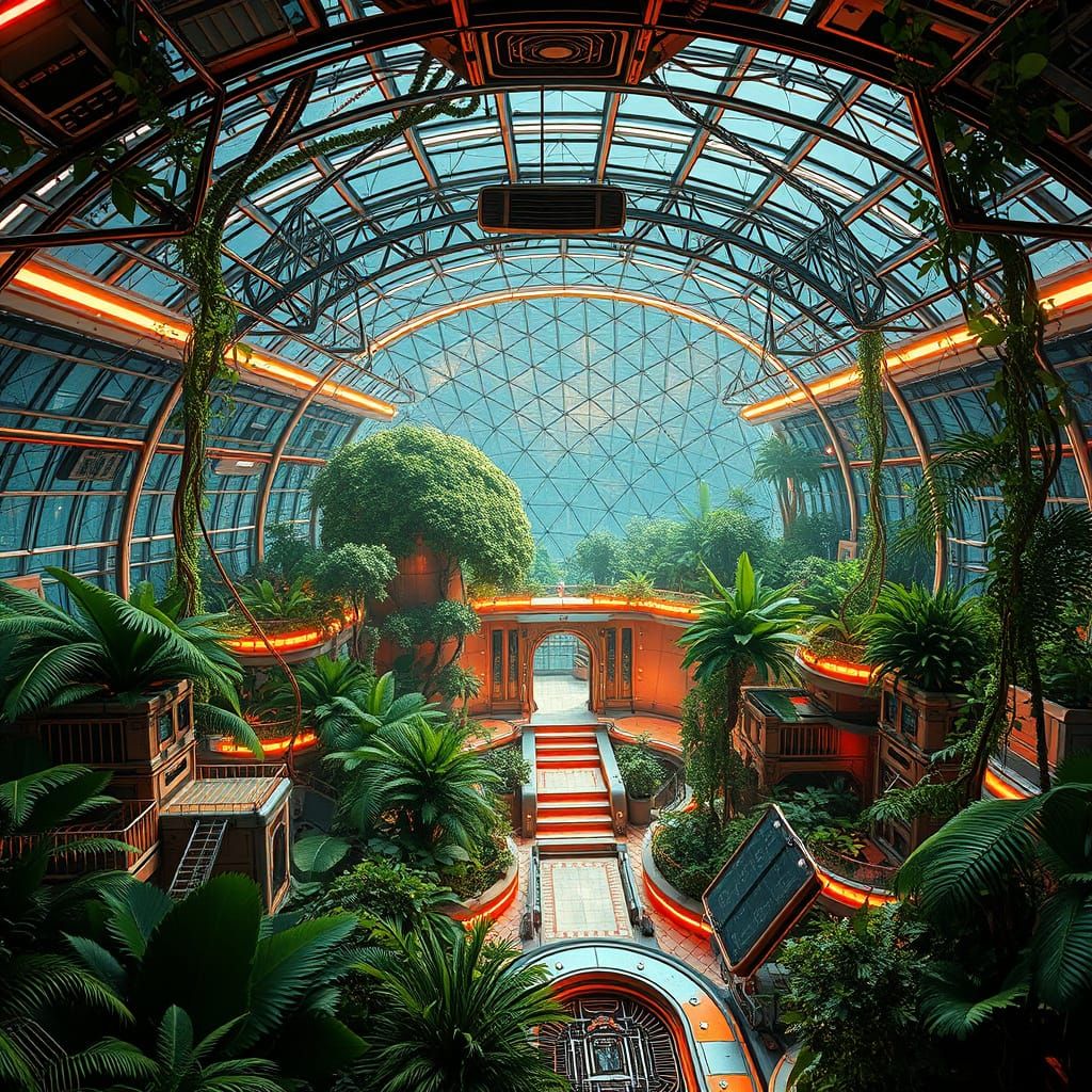 Cyberpunk Biodome Oasis Under Geodesic Dome