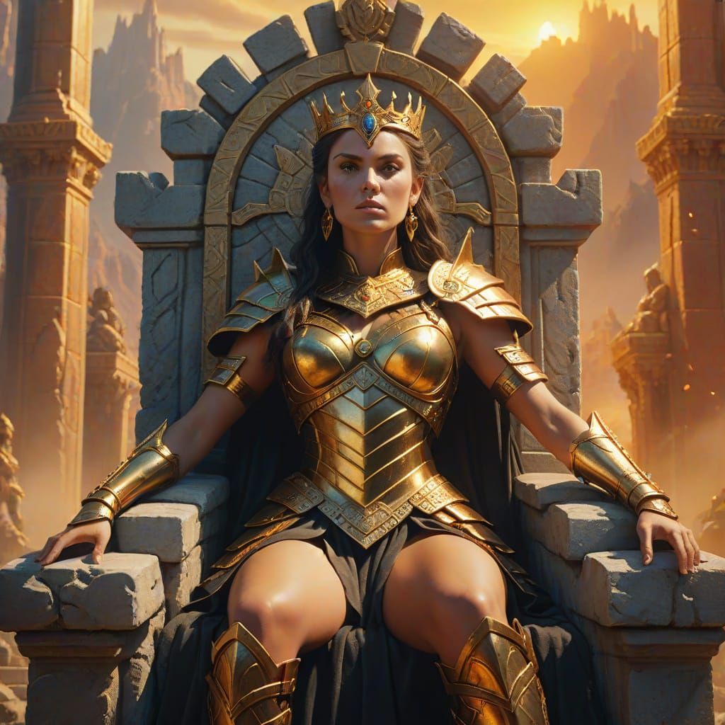 Giant Warrior Queen on Throne in Gouache Style
