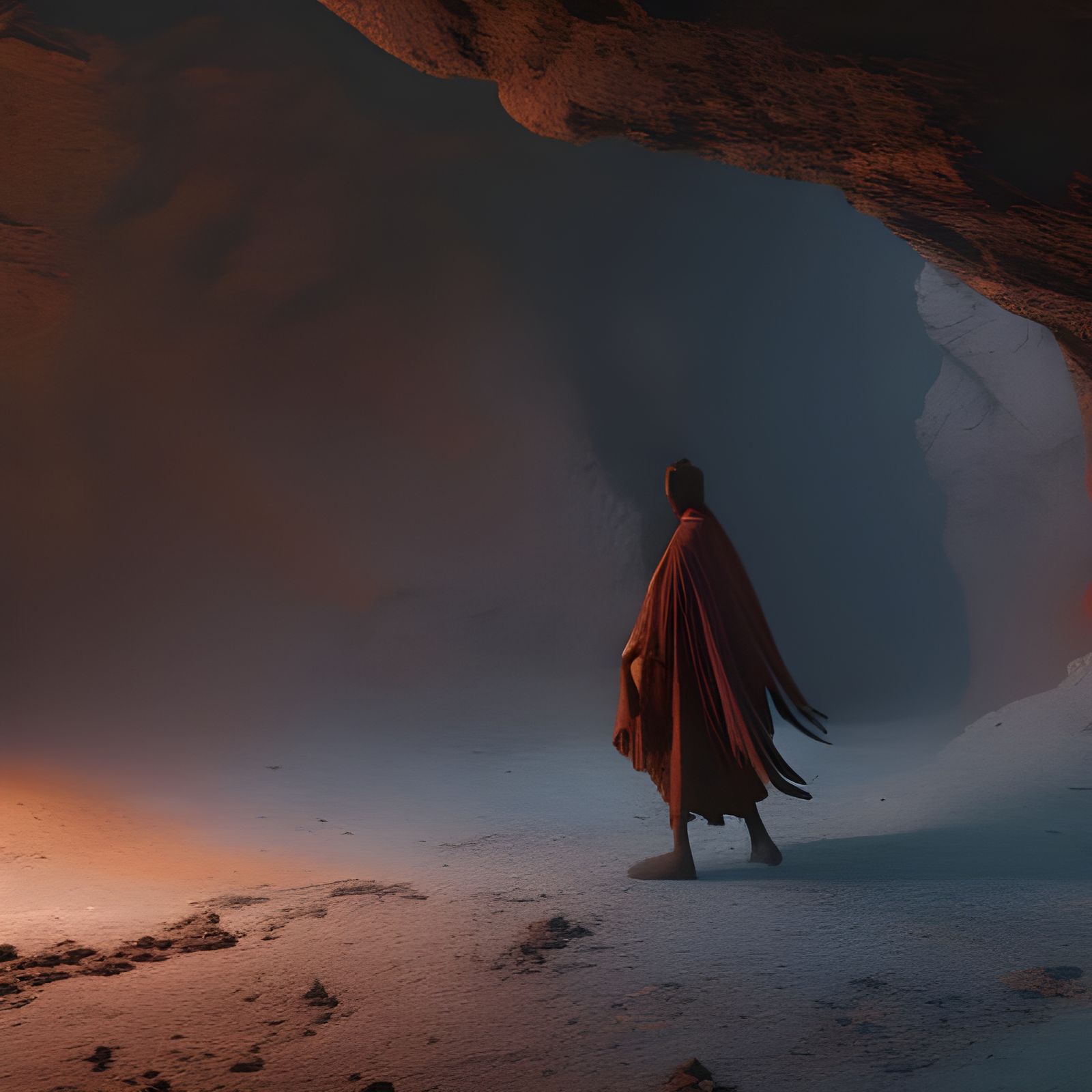 Ethereal Ghost Figure in Deep Color Cave