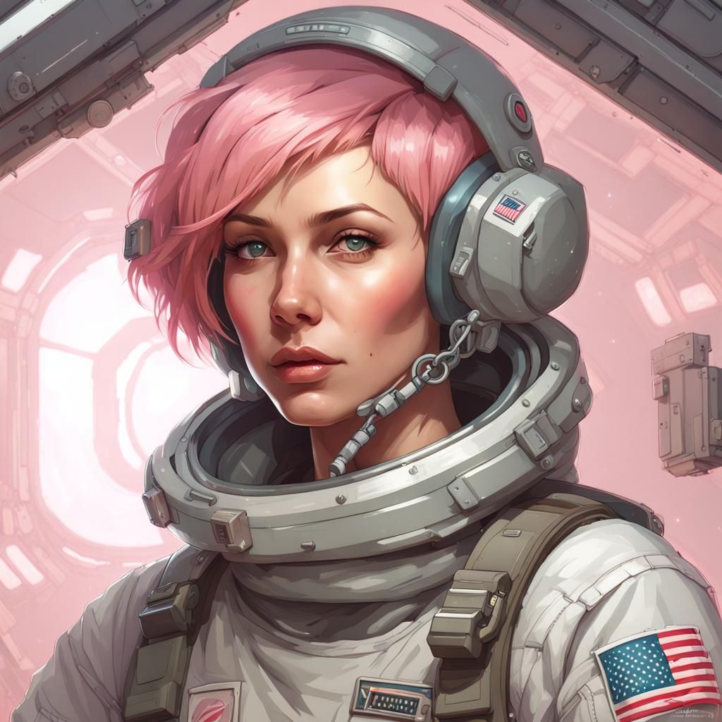 Cute Astronaut Portrait in Space Station, Detailed Art