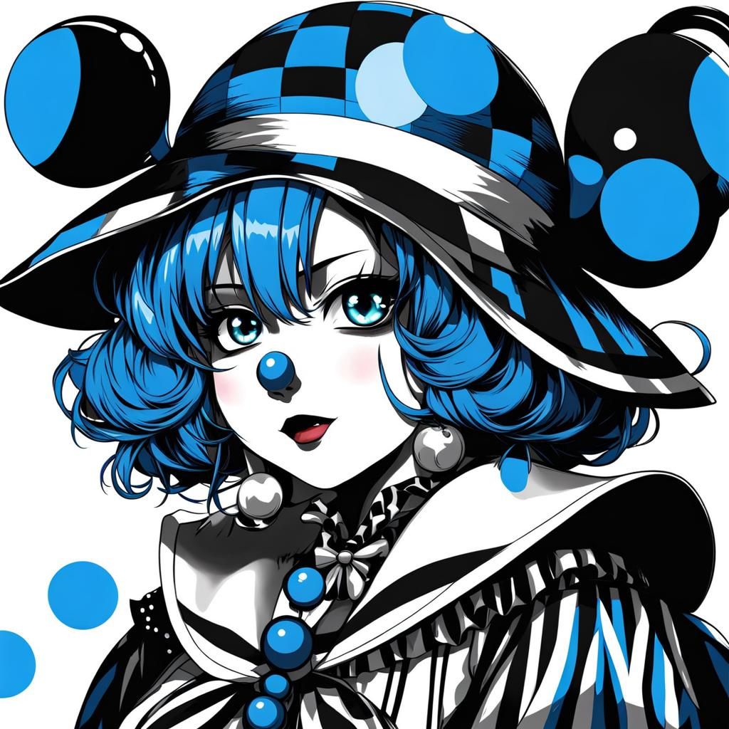 Anime-Style Clown Girl in Black, White, and Blue