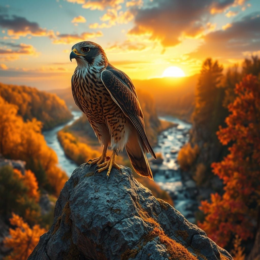 Falcon Perched on Autumn River Rock, Sunset Wildlife Scene