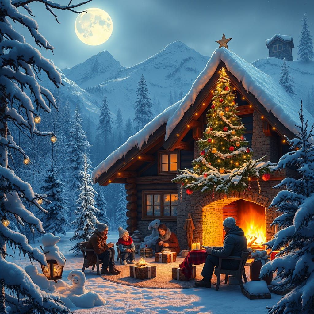 Snowy Mountain Cabin Christmas Scene in Whimsical Style