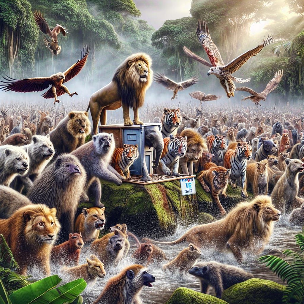 Hyperrealistic Jungle Election Day with Wild Animals