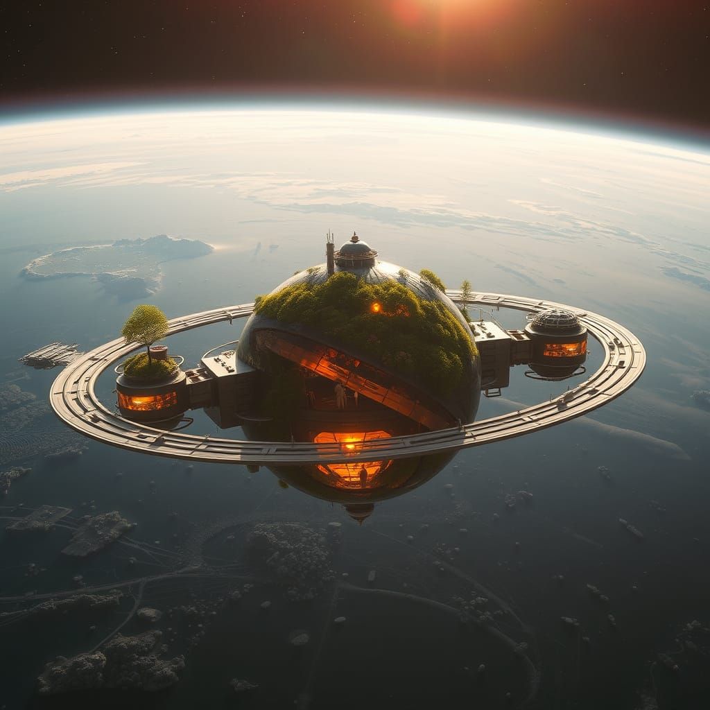 Massive Space Station Orbiting Earth with Biospheres