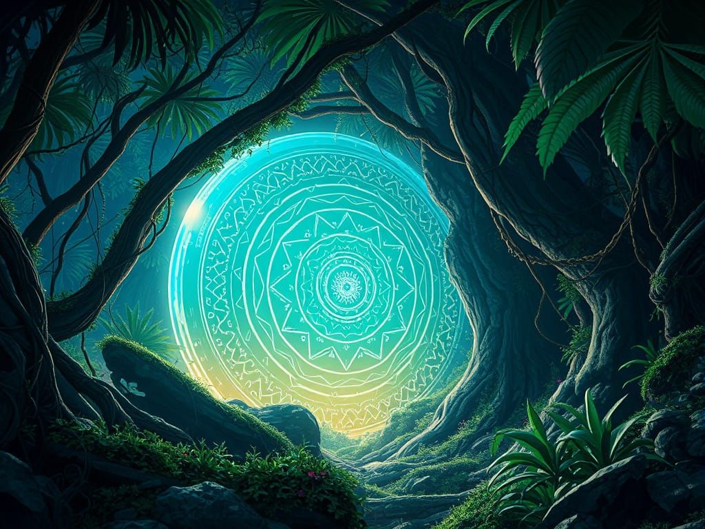 Ancient Alien Artifact in Lush Bioluminescent Forest