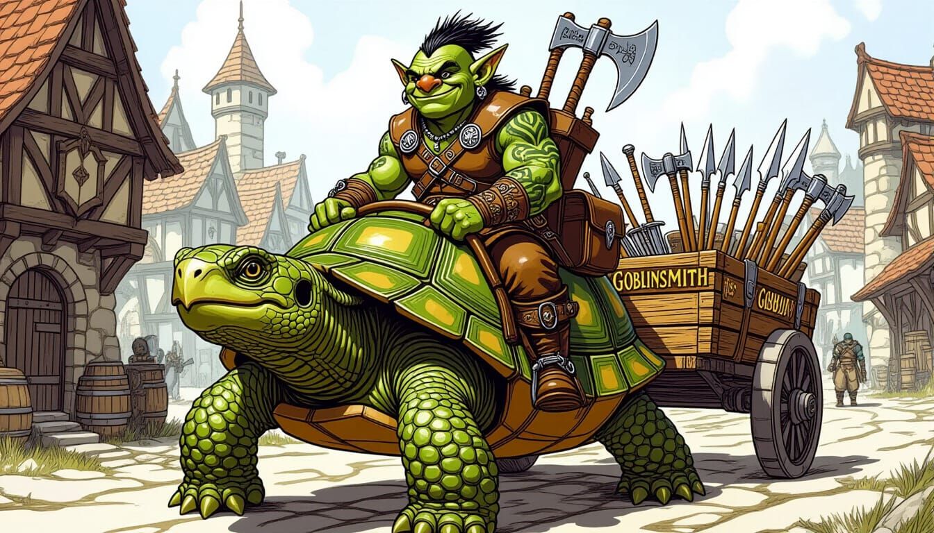 Goblin Blacksmith on Tortoise in Pen and Ink Style