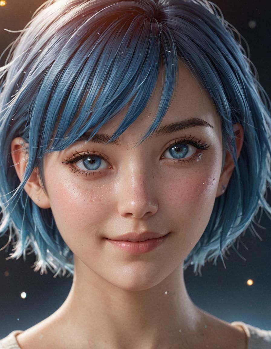 Anime Girl with Blue Hair: 3D Art Portrait
