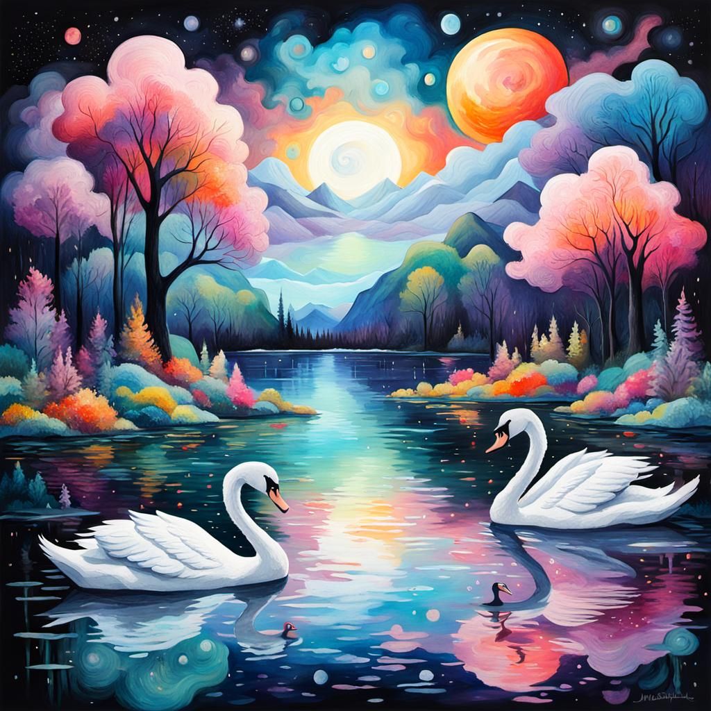 Cosmic Swans in Surreal Gouache Dreamscape