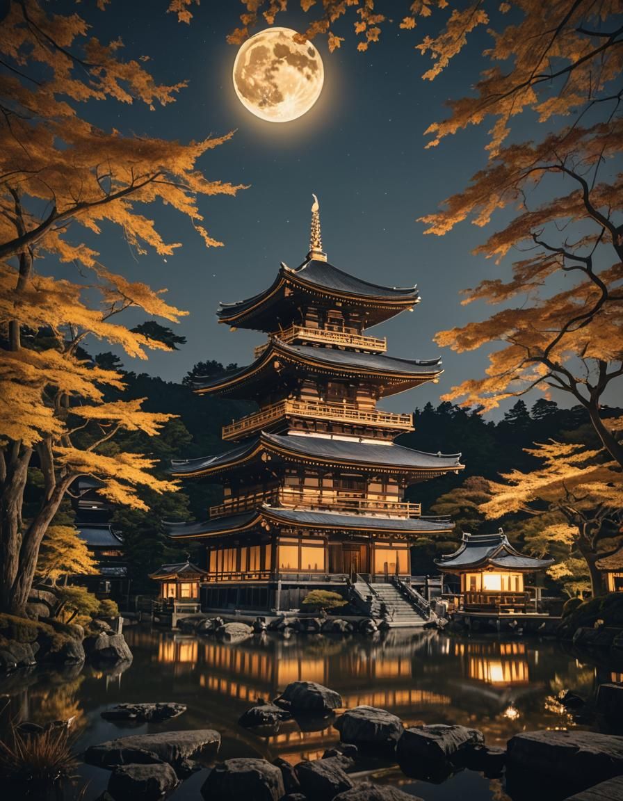 Illuminated Hokan-ji Temple at Night in Autumn Gold