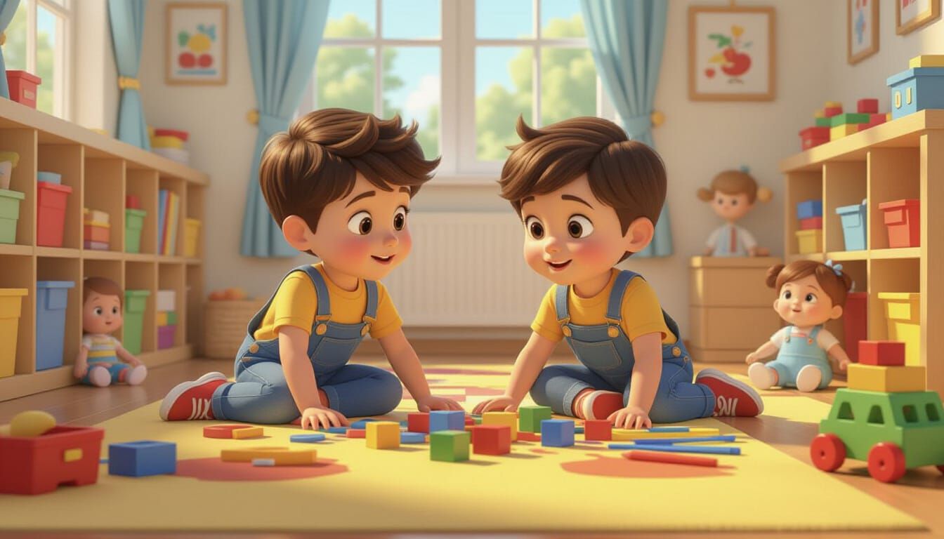 Children Playing in Kindergarten, 3D Cartoon Style