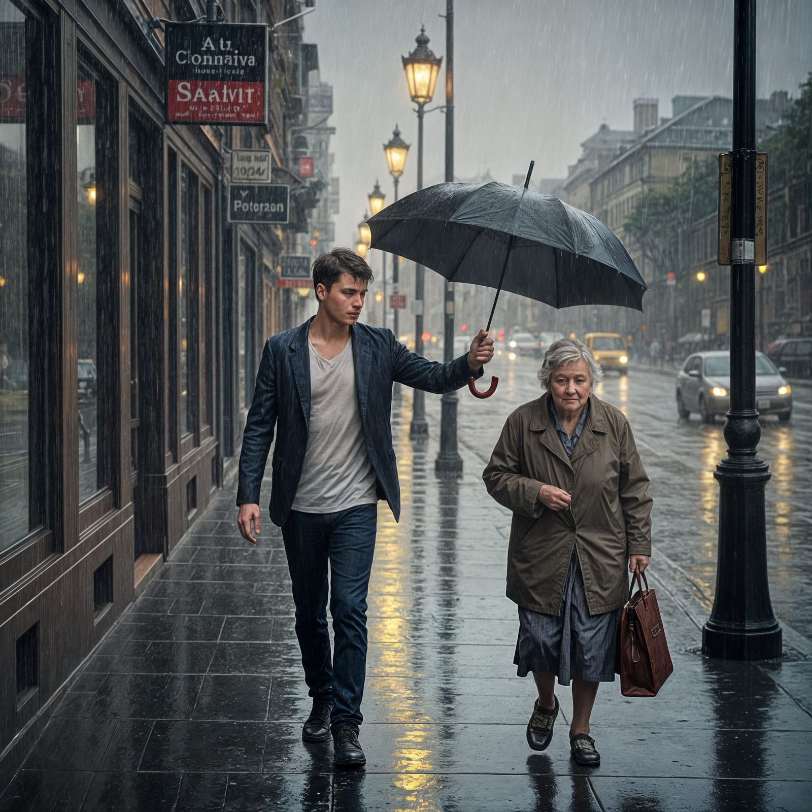 Young Man Shelters Elderly Woman in Rainy City Painting