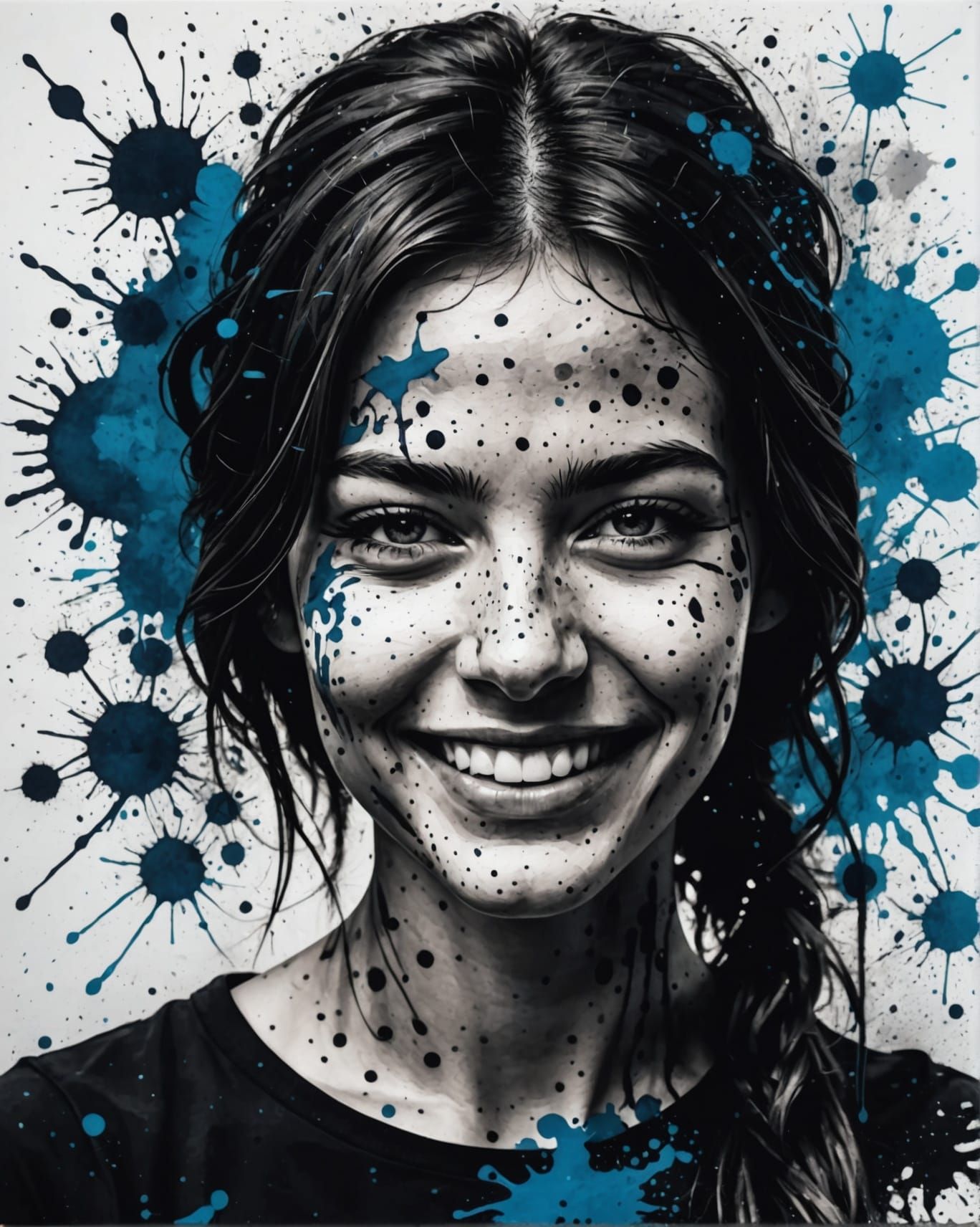 Smiling Woman Portrait with Ink Splatter Art