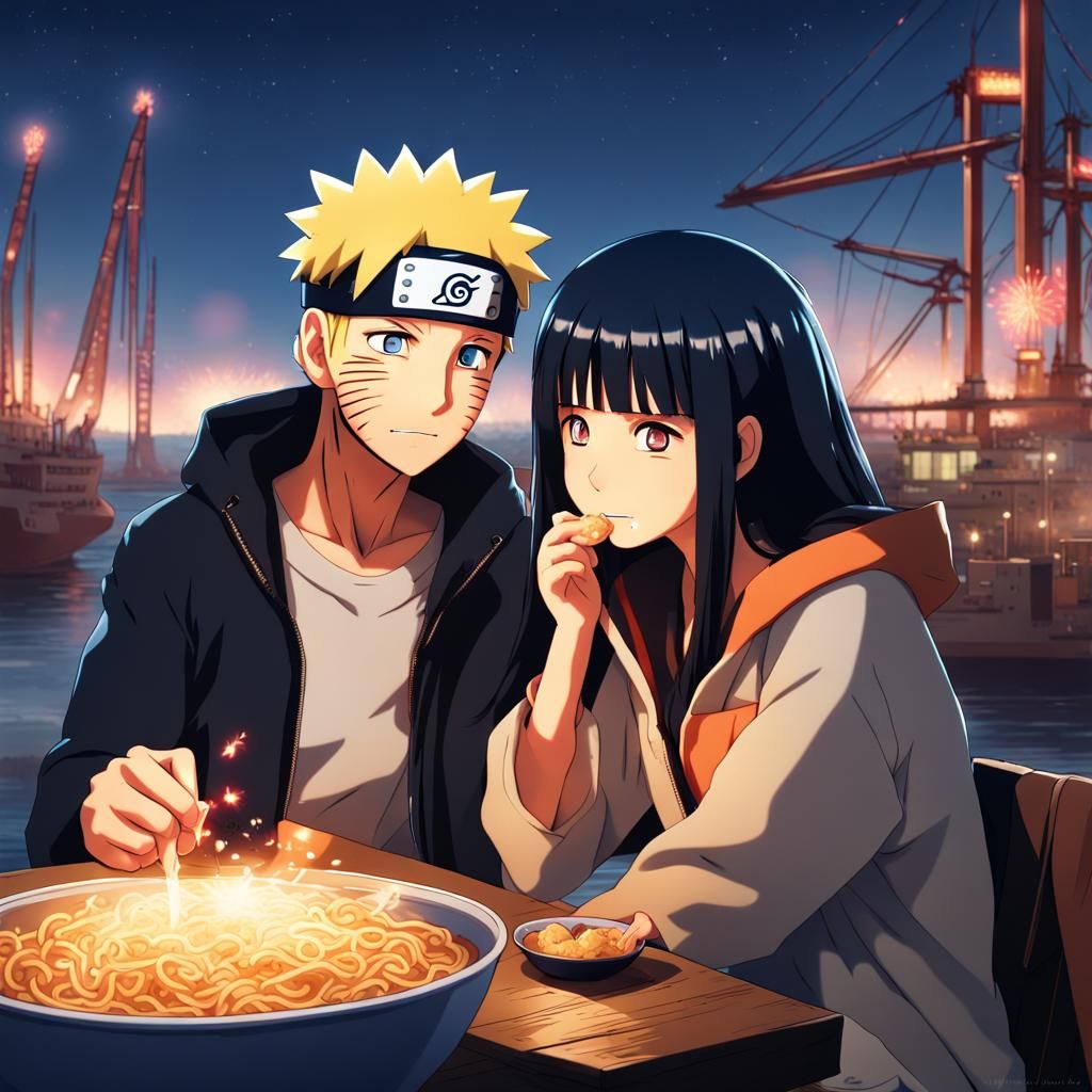 Naruto and Hinata Romantic Fireworks Scene in Anime Style