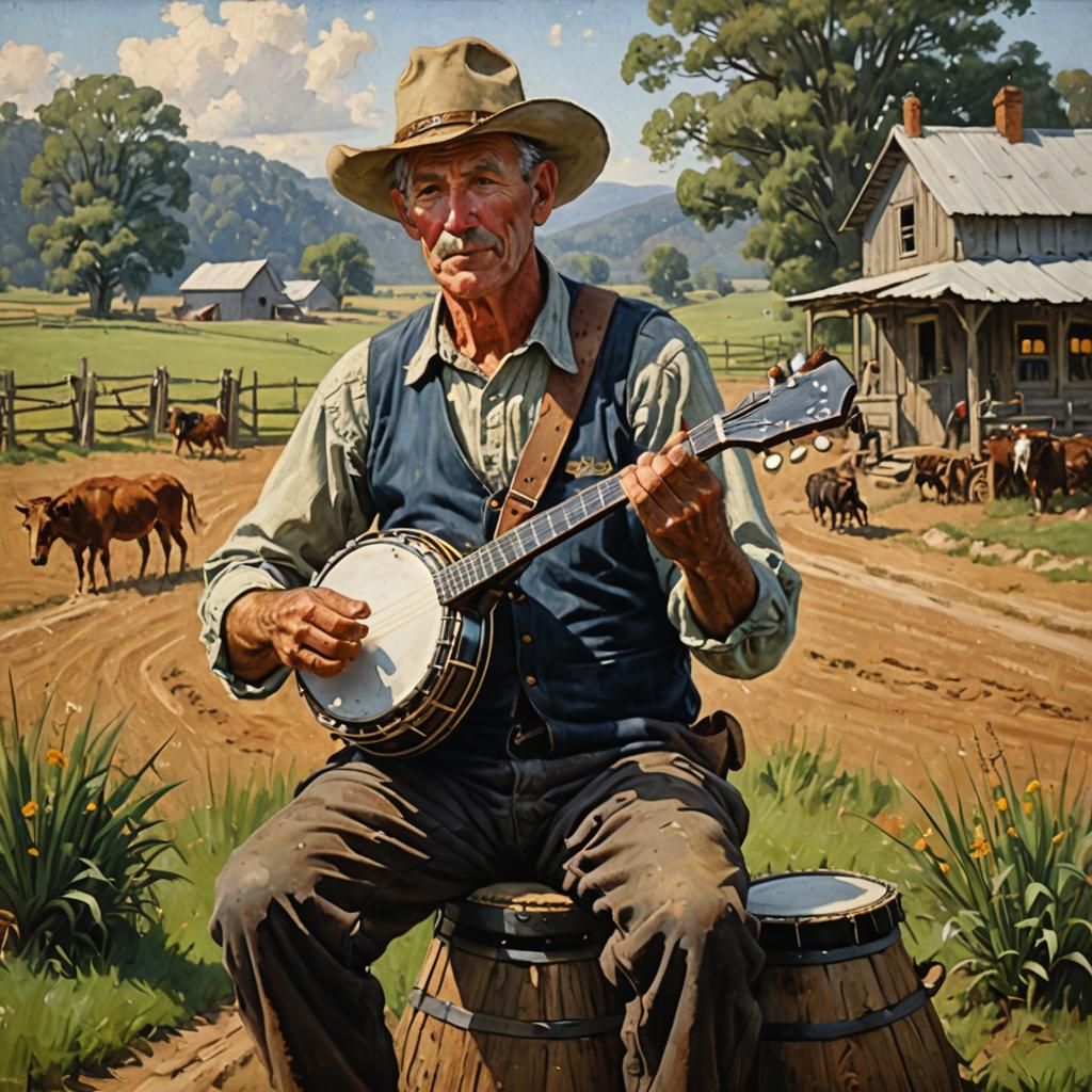 Farmer Plays Banjo: Oil Painting by Gurney
