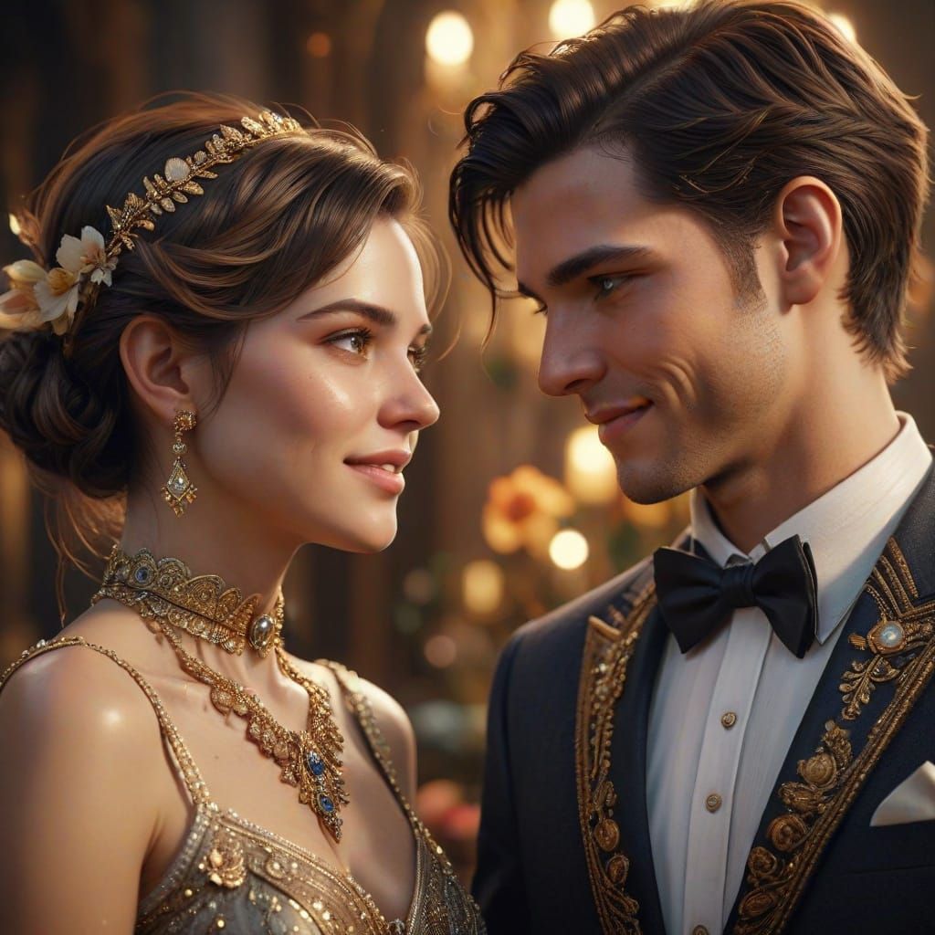 Elegant Fantasy Pair Exchanging Warm Smiles in Golden Hour