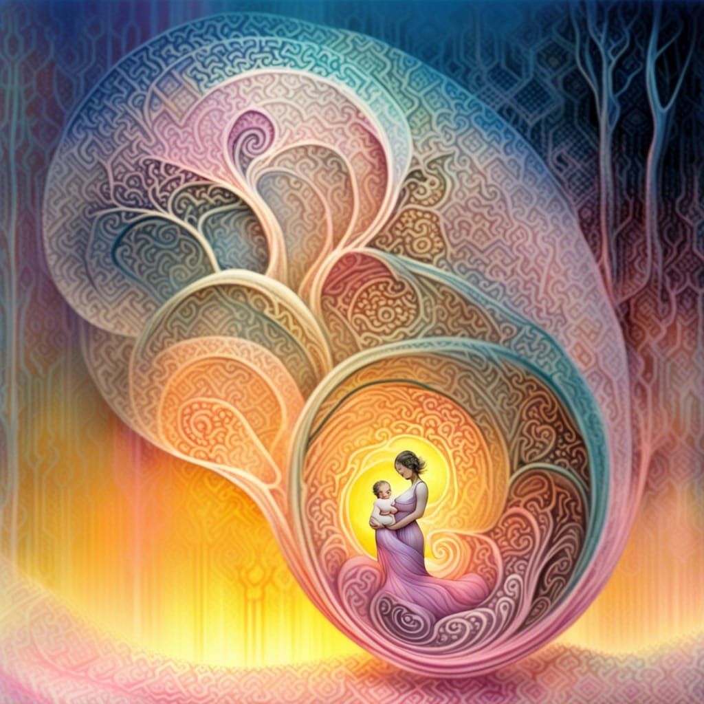 Mother and Child in Fractal Forest: Mystical Art
