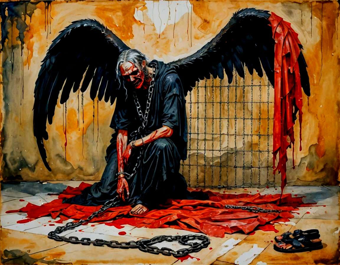 Fallen Angel in Chains: Gouache Style Impressionist Painting