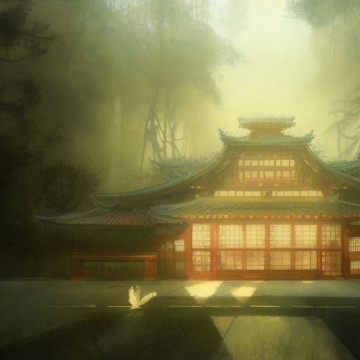 Japanese Palace in Sinister Woods: Art Nouveau Pencil Sketch