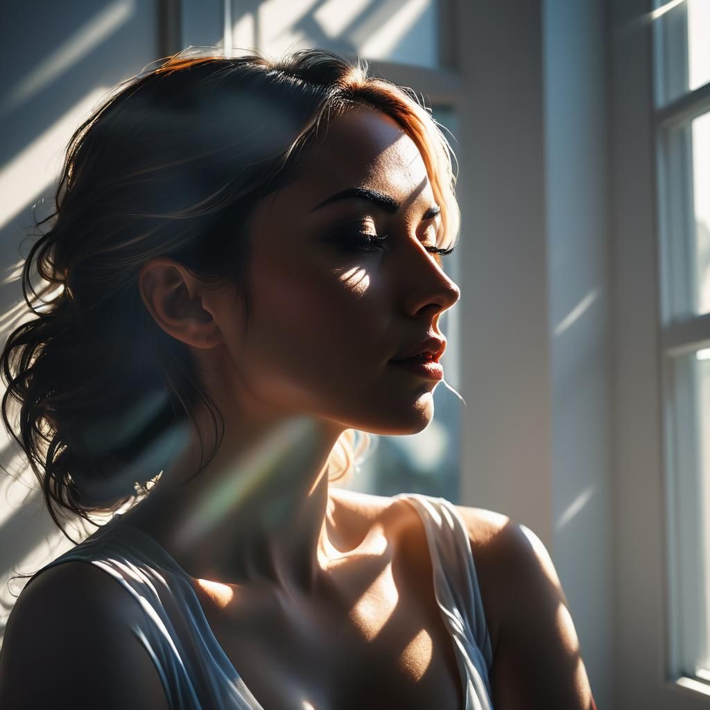 Woman's Silhouette in Sunlit Bedroom: Hyperrealistic Splash ...