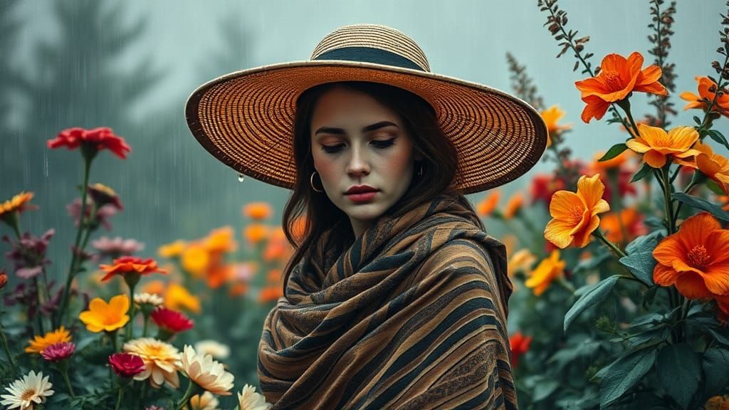 Melancholic Woman Observes Garden in Neo-Impressionist Style